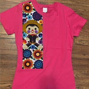 Vibrant Pink women  Tee with Floral and Doll Design